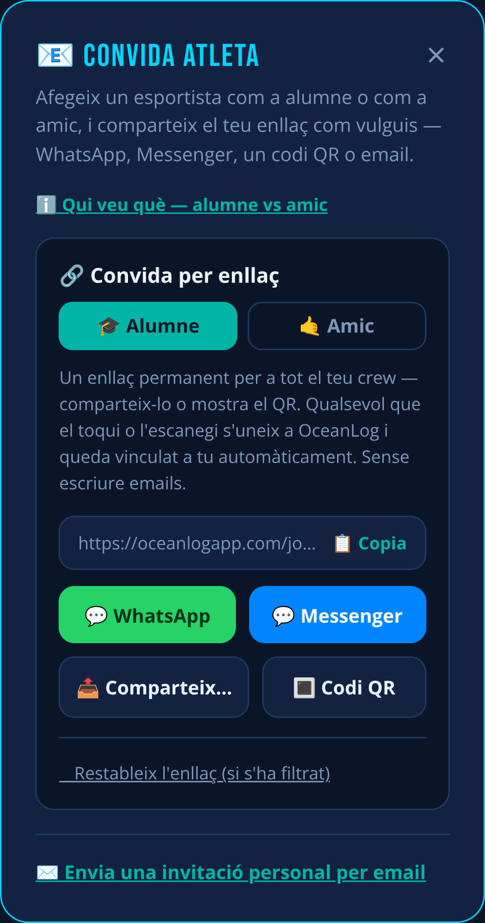Convidant un atleta a OceanLog: tria alumne o amic, i comparteix un únic enllaç permanent per WhatsApp, Messenger, codi QR o correu
