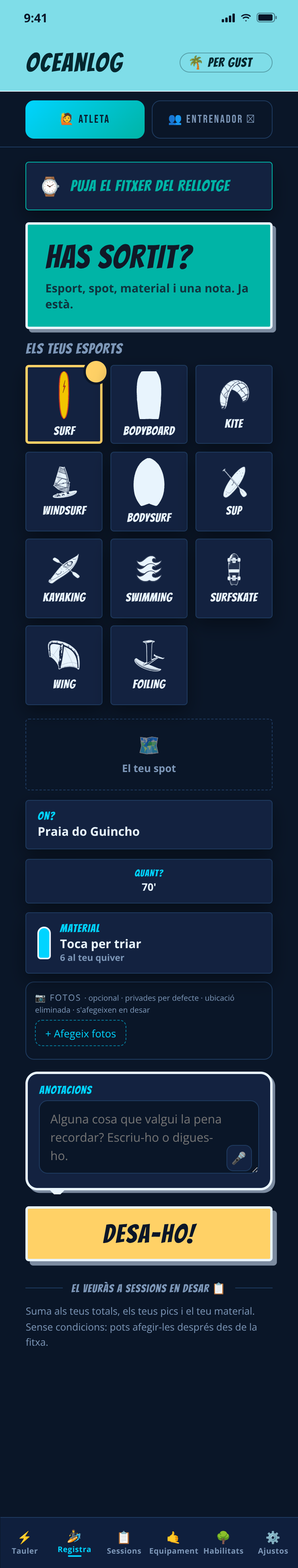 Registre per diversió a OceanLog: tria esport, spot, hora i taula, i desa