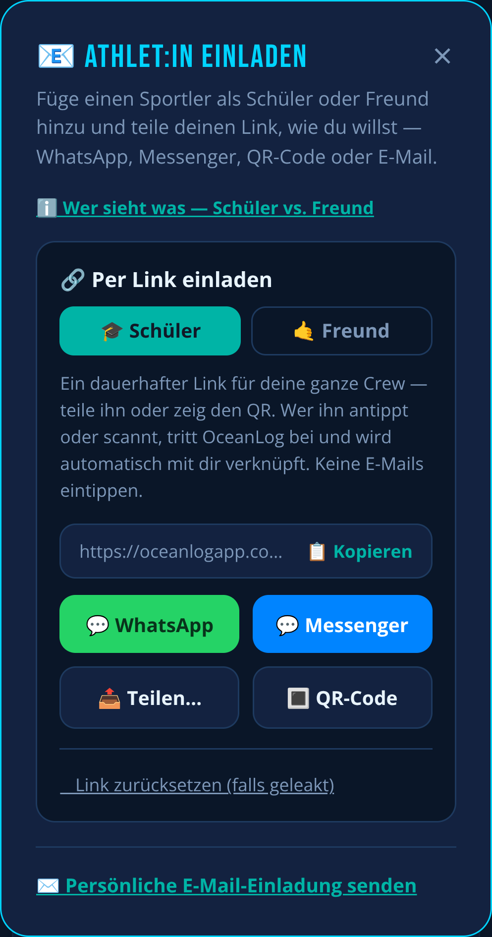 Einen Athleten in OceanLog einladen: Schüler oder Freund wählen, dann einen dauerhaften Link per WhatsApp, Messenger, QR-Code oder E-Mail teilen