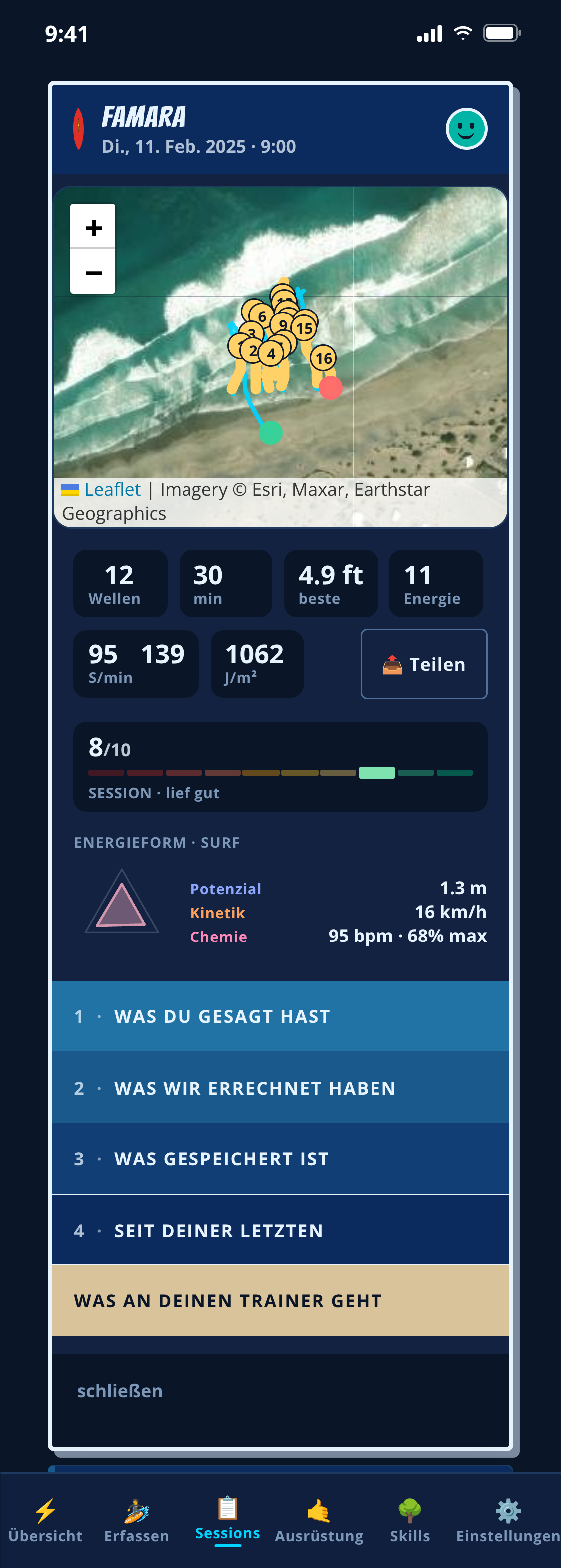 Eine in OceanLog ausgewertete Session: Wellen auf einer Satellitenkarte, Zeit, beste Welle, Herzfrequenz, Session-Wertung, Energieform und die vier Auswertungsabschnitte
