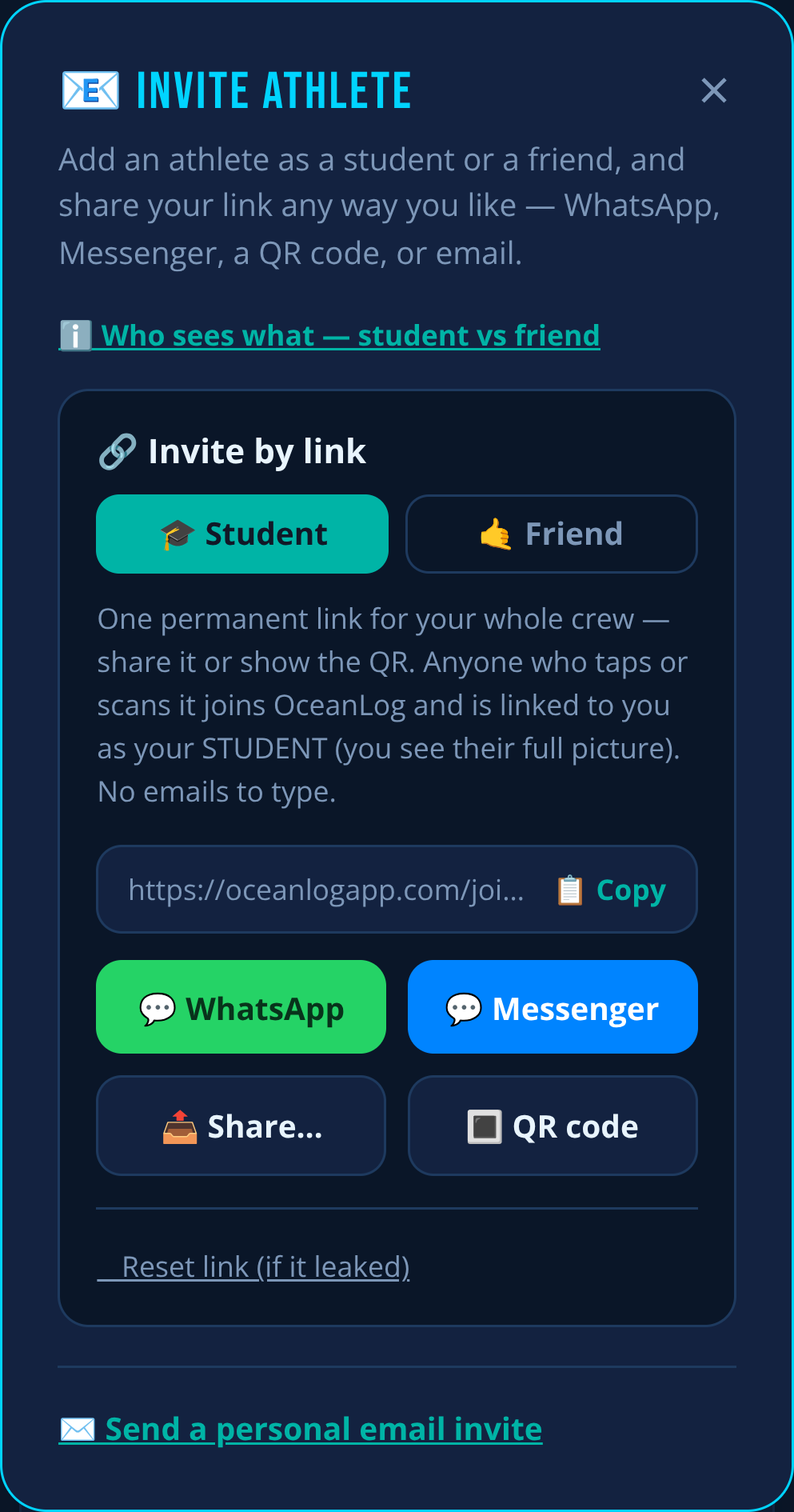 Inviting an athlete in OceanLog: choose student or friend, then share one permanent link by WhatsApp, Messenger, QR code or email