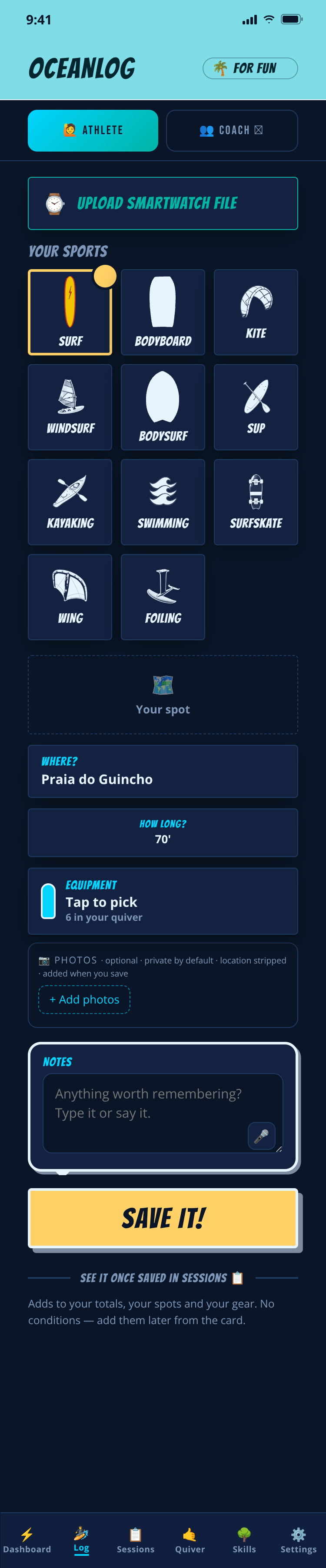 For-fun logging in OceanLog: pick a sport, spot, time and board, then save
