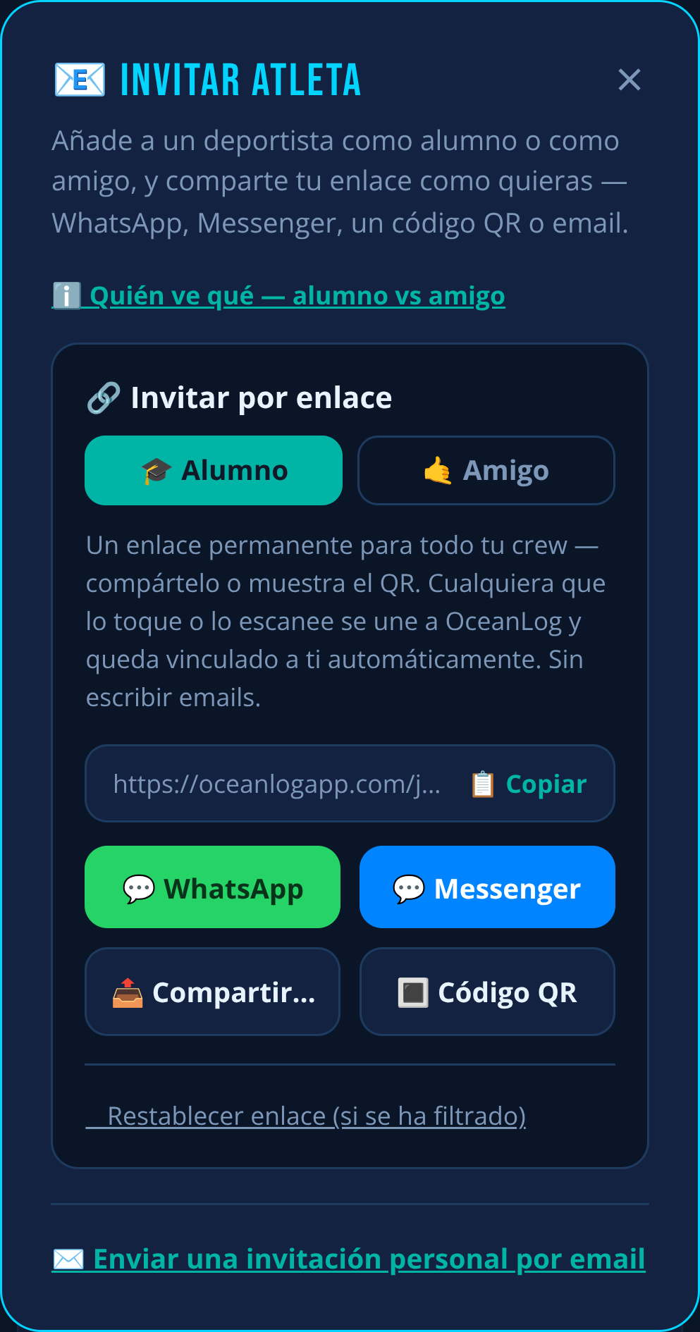 Invitar a un atleta en OceanLog: elige alumno o amigo y comparte un enlace permanente por WhatsApp, Messenger, código QR o email