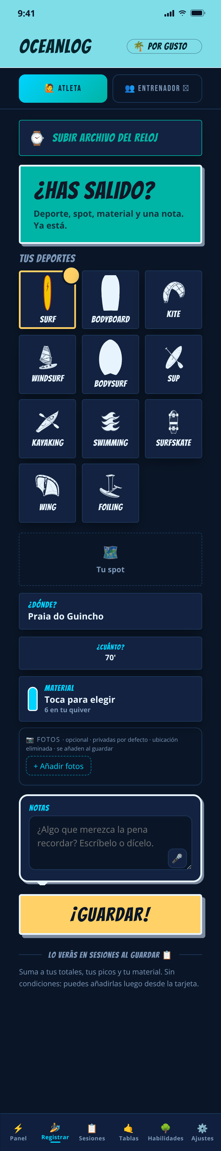 Registro por diversión en OceanLog: elige deporte, spot, hora y tabla, y guarda