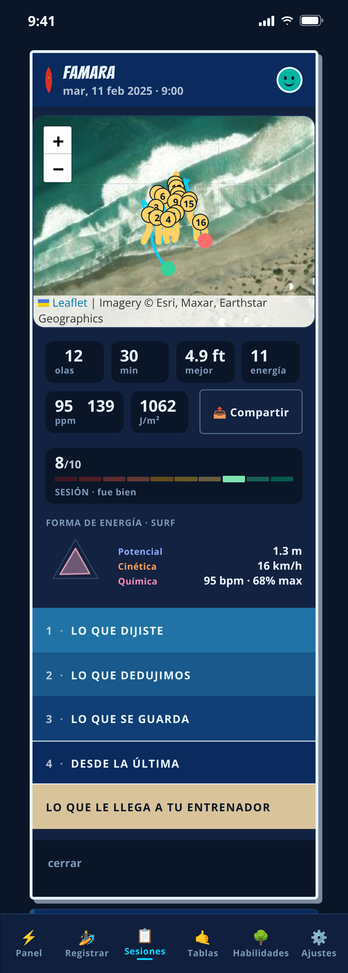 Una sesión leída en OceanLog: olas sobre un mapa satélite, tiempo, mejor ola, frecuencia cardiaca, puntuación de la sesión, forma de la energía y las cuatro secciones de lectura