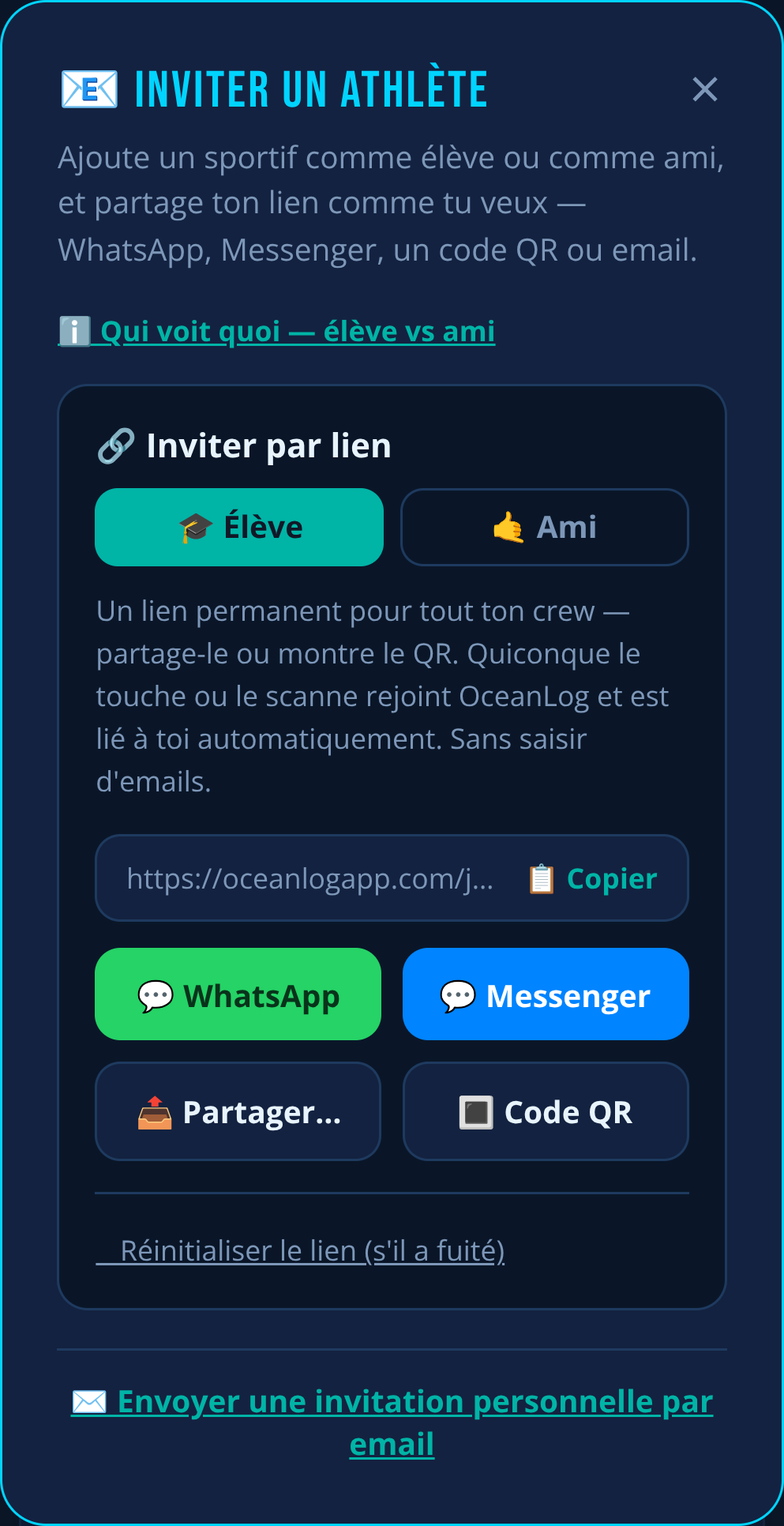 Inviter un athlète dans OceanLog : choisis élève ou ami, puis partage un lien permanent par WhatsApp, Messenger, QR code ou e-mail