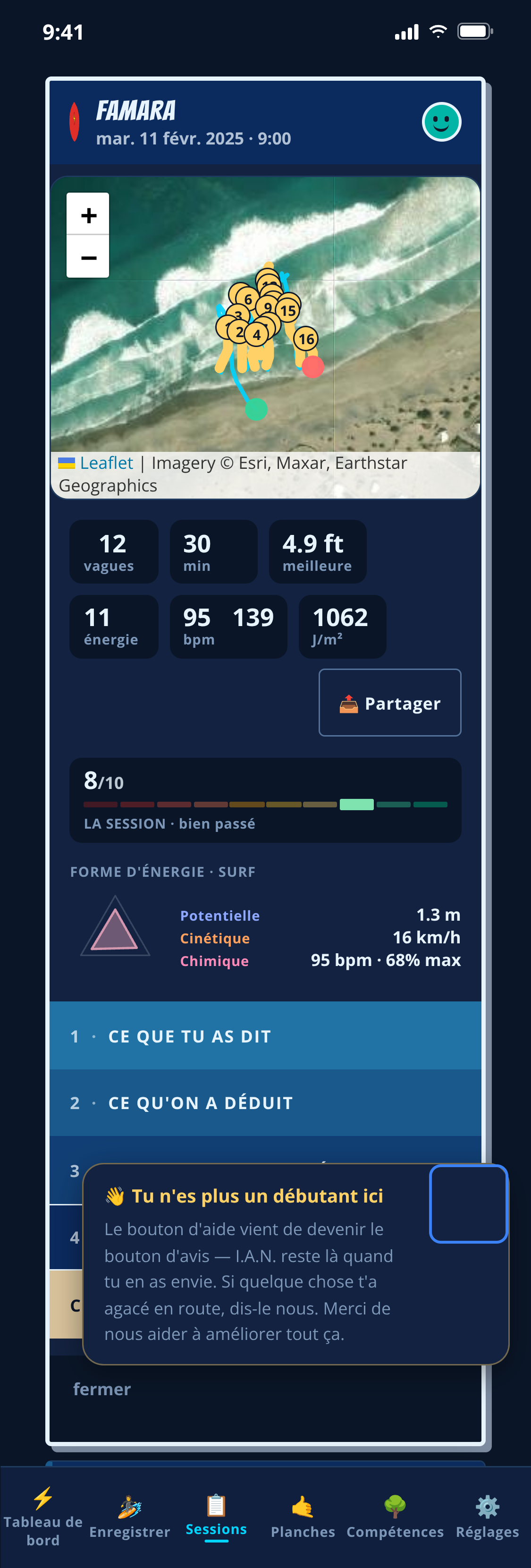 Une session relue dans OceanLog : vagues sur une carte satellite, durée, meilleure vague, fréquence cardiaque, note de session, forme d’énergie et les quatre sections de lecture