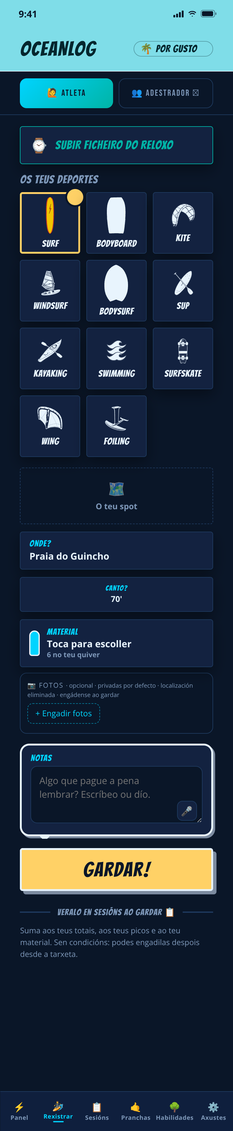 Rexistro por diversión en OceanLog: escolle deporte, spot, hora e táboa, e garda