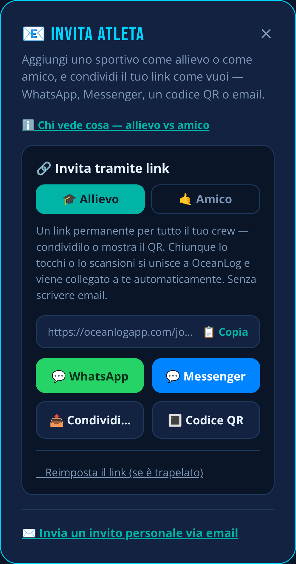Invitare un atleta in OceanLog: scegli allievo o amico, poi condividi un link permanente via WhatsApp, Messenger, codice QR o email