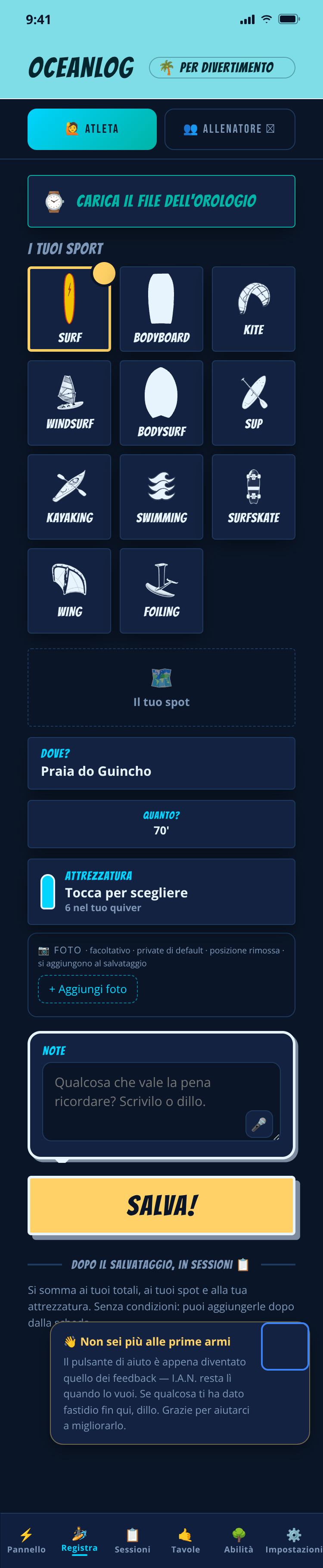 Registrazione per divertimento in OceanLog: scegli sport, spot, orario e tavola, poi salva