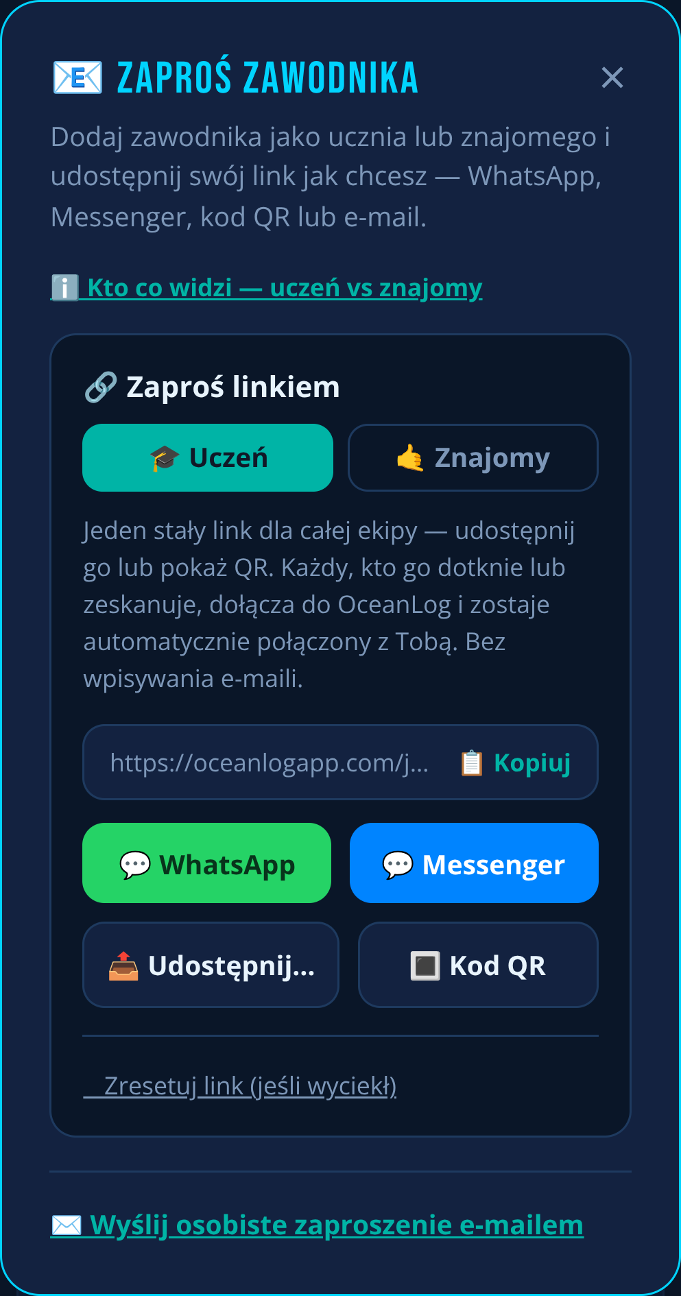 Zapraszanie sportowca w OceanLog: wybierz ucznia lub znajomego, potem udostępnij jeden stały link przez WhatsApp, Messenger, kod QR lub e-mail