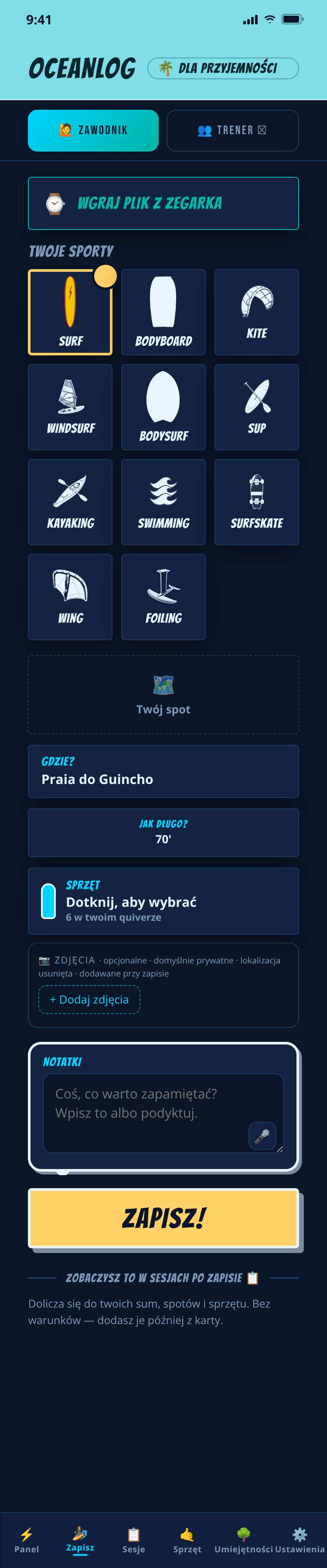 Zapis sesji dla frajdy w OceanLog: wybierz sport, spot, czas i deskę, dodaj notatkę, zapisz