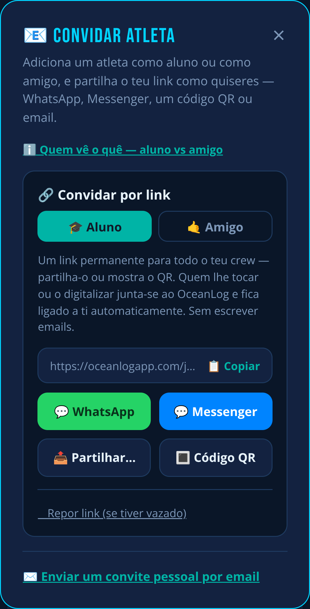 Convidar um atleta na OceanLog: escolhe aluno ou amigo e partilha um link permanente por WhatsApp, Messenger, código QR ou email