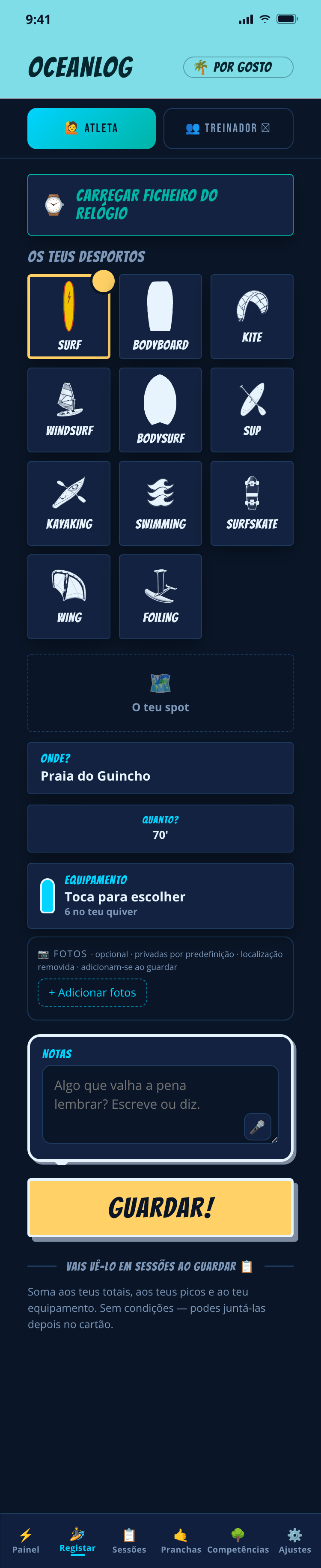 Registo por diversão na OceanLog: escolhe desporto, spot, hora e prancha, e guarda