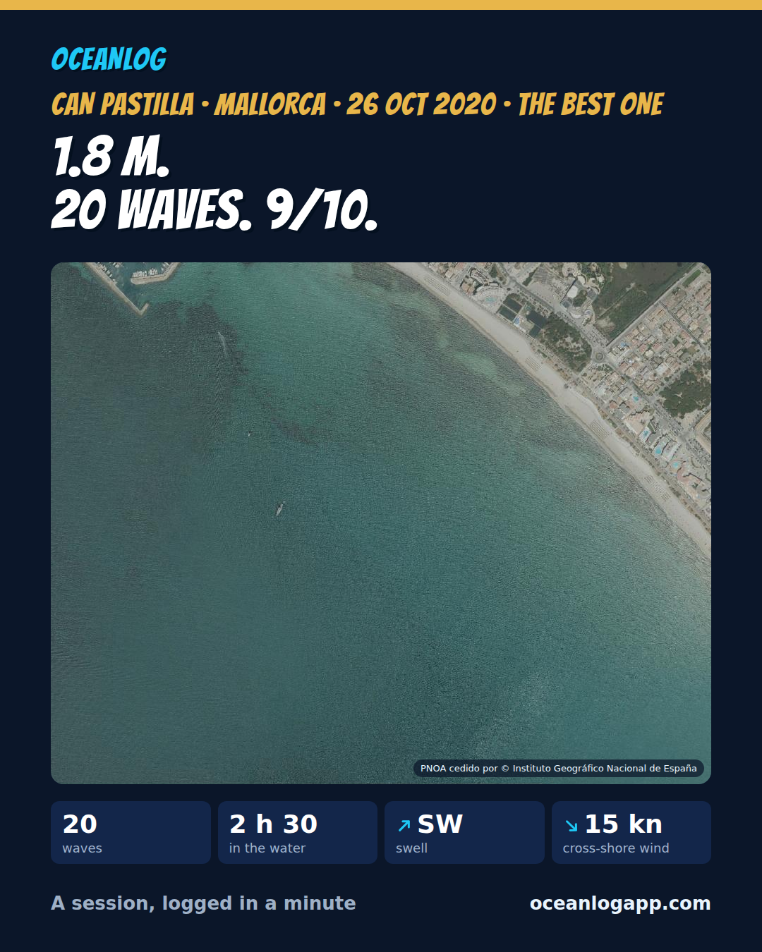 OceanLog best-wave post: Can Pastilla, Mallorca, 26 Oct 2020. 1.8 m, 20 waves, 9/10, over the IGN satellite map