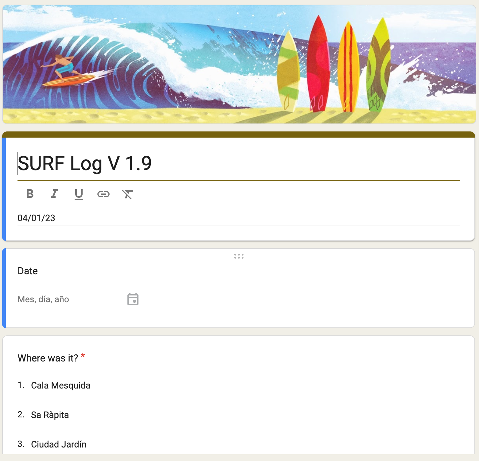 Com va començar: SURF Log v1.9, un formulari de Google, després d'anys de paper