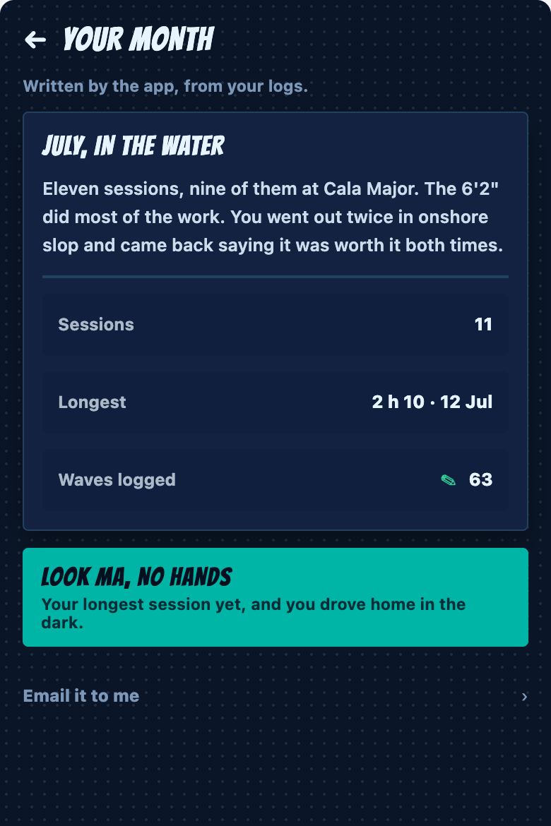 A logged session in OceanLog — GPS track over the spot, waves, time, heart rate and conditions